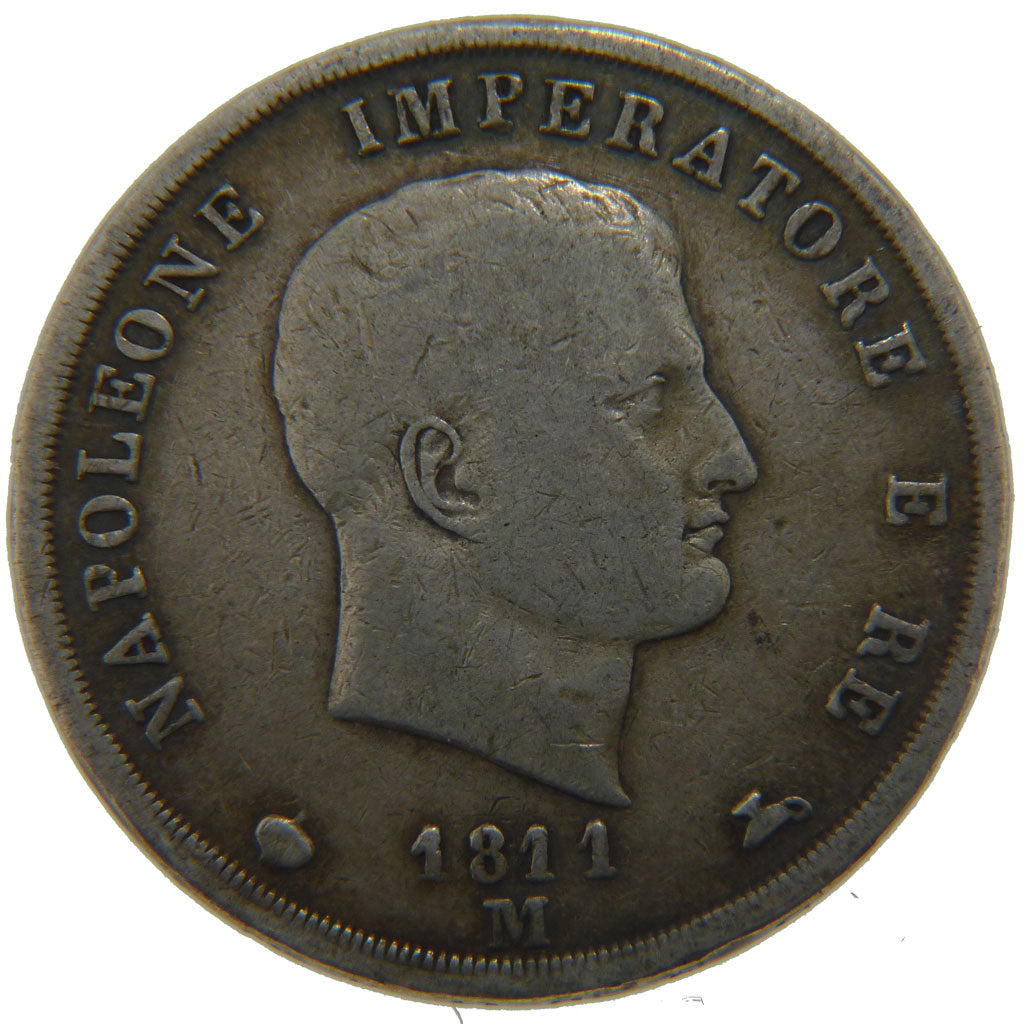 ITALIAN STATES, 5 Lire, 1811, Milan, KM #10.4, VF(20-25), Silver, 24.50