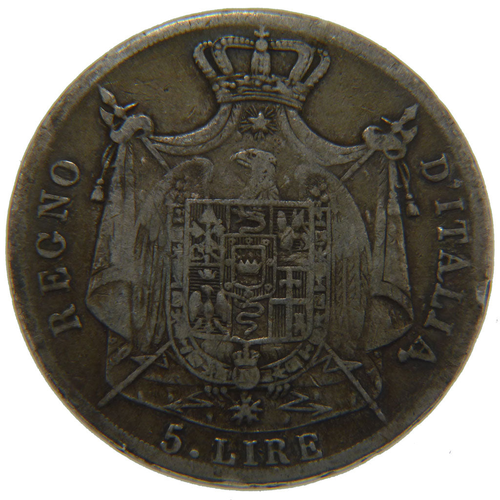 ITALIAN STATES, 5 Lire, 1811, Milan, KM #10.4, VF(20-25), Silver, 24.50
