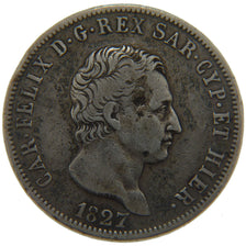 Italy, 5 Lire, 1827, Turin, EF(40-45), Silver, 24.50