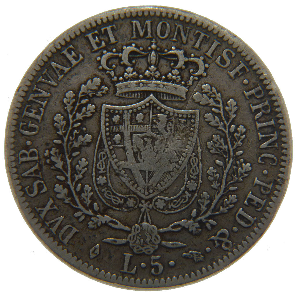 Italy, 5 Lire, 1827, Turin, EF(40-45), Silver, 24.50