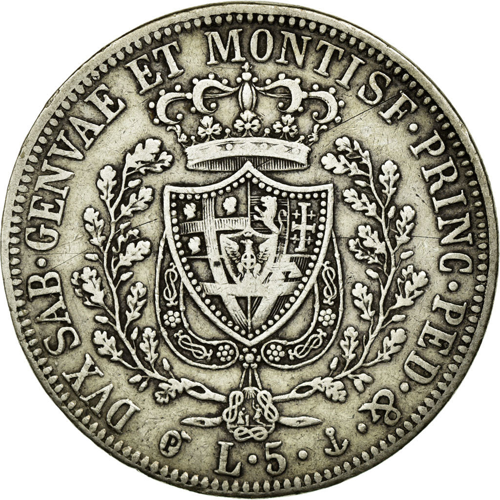 Moneda, Estados italianos, SARDINIA, Carlo Felice, 5 Lire, 1827, BC+, Plata