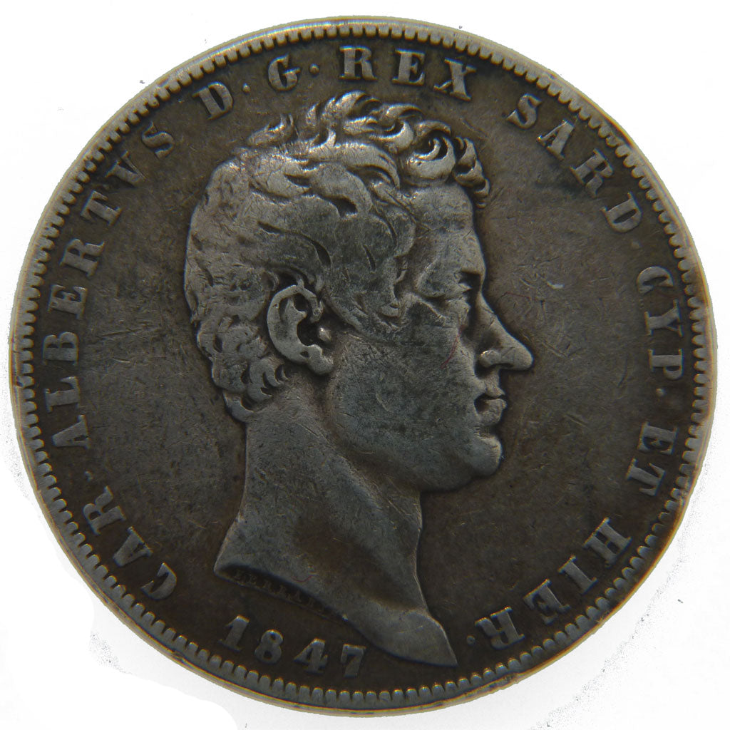 ITALIAN STATES, 5 Lire, 1847, Torino, KM #130.1, VF(30-35), Silver, 37, 24.50