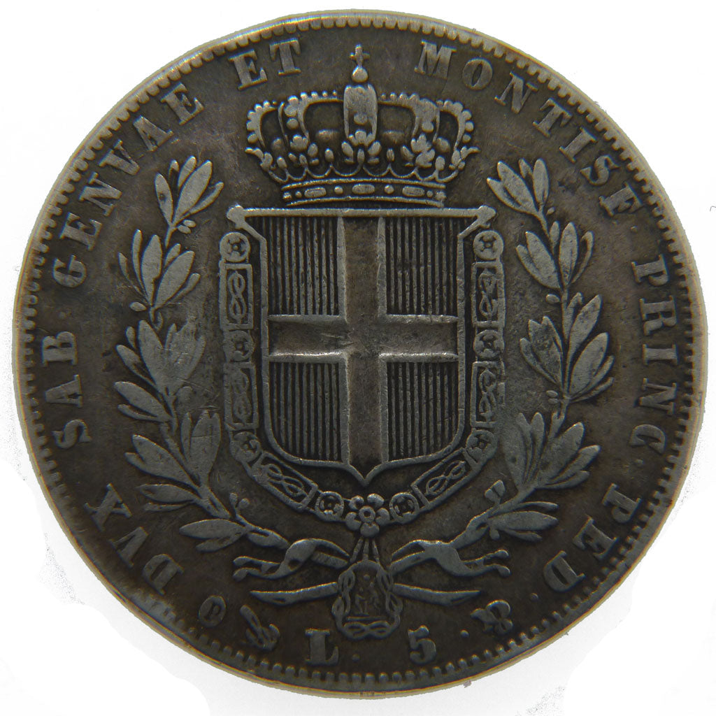 ITALIAN STATES, 5 Lire, 1847, Torino, KM #130.1, VF(30-35), Silver, 37, 24.50