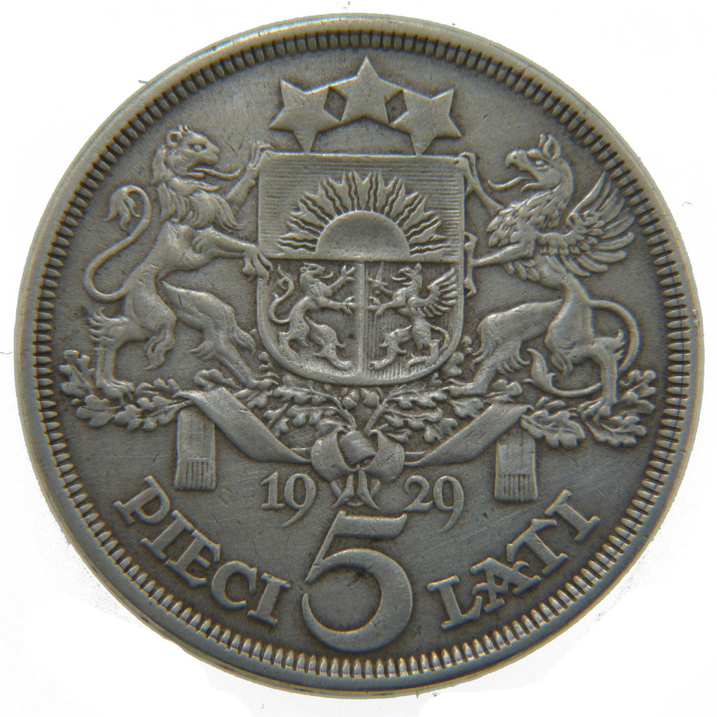 LATVIA, 5 Lati, 1929, KM #9, EF(40-45), Silver, 37, 25.00