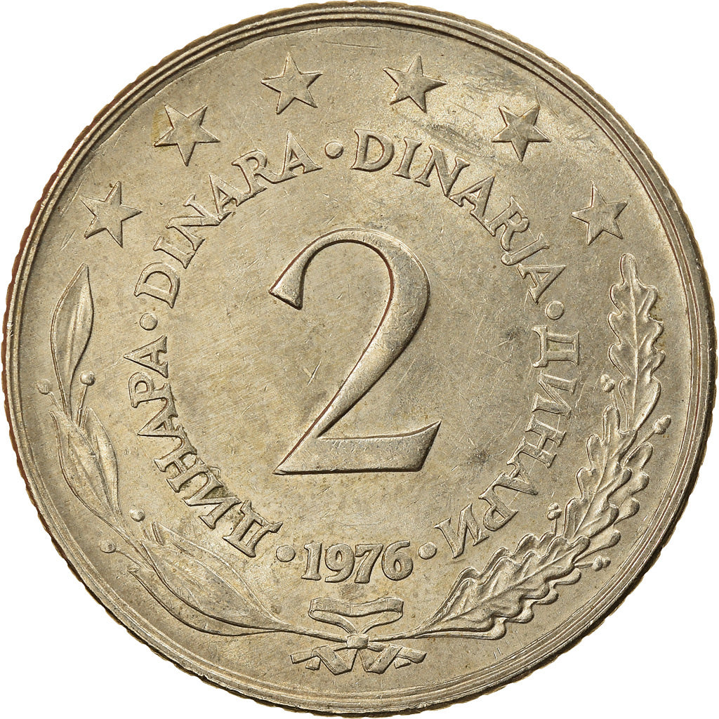 Coin, Yugoslavia, 2 Dinara, 1976, AU(50-53), Copper-Nickel-Zinc, KM:57