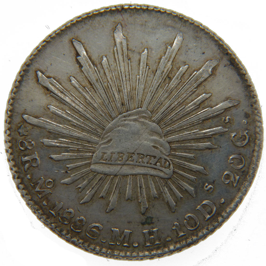 Mexico, 8 Réales, 1886, Mexico, KM #377.10, AU(50-53), Silver, 27.00