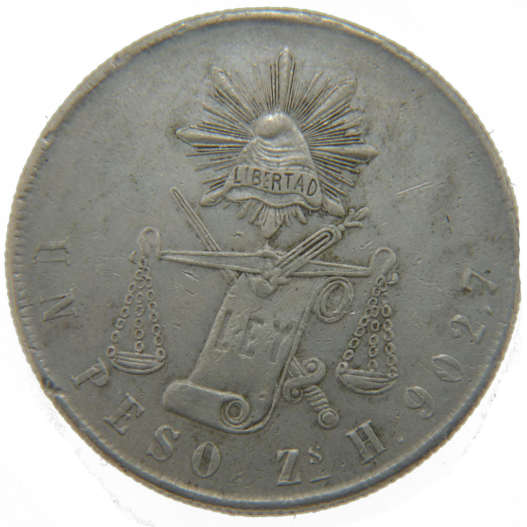 Mexico, 1 Peso, 1870, Zacatecas, KM #377.13, EF(40-45), Silver, 27.00