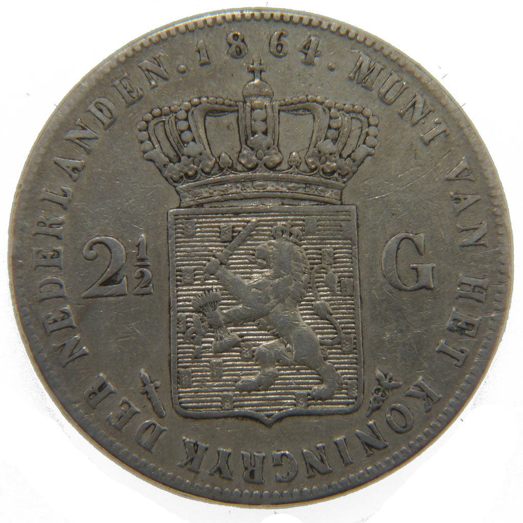 Netherlands, 2 1/2 Gulden, 1864, KM #82, VF(30-35), Silver, 38, 24.60