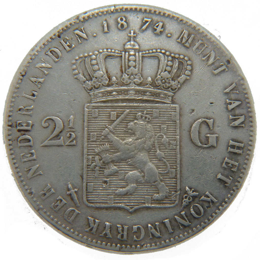 NETHERLANDS, 2-1/2 Gulden, 1874, KM #82, EF(40-45), Silver, 38, 24.80