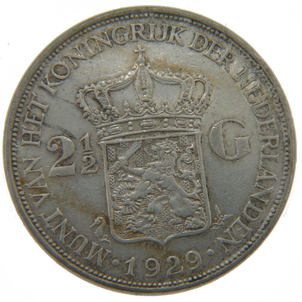 Netherlands, 2 1/2 Gulden, 1929, KM #165, AU(50-53), Silver, 38, 24.90