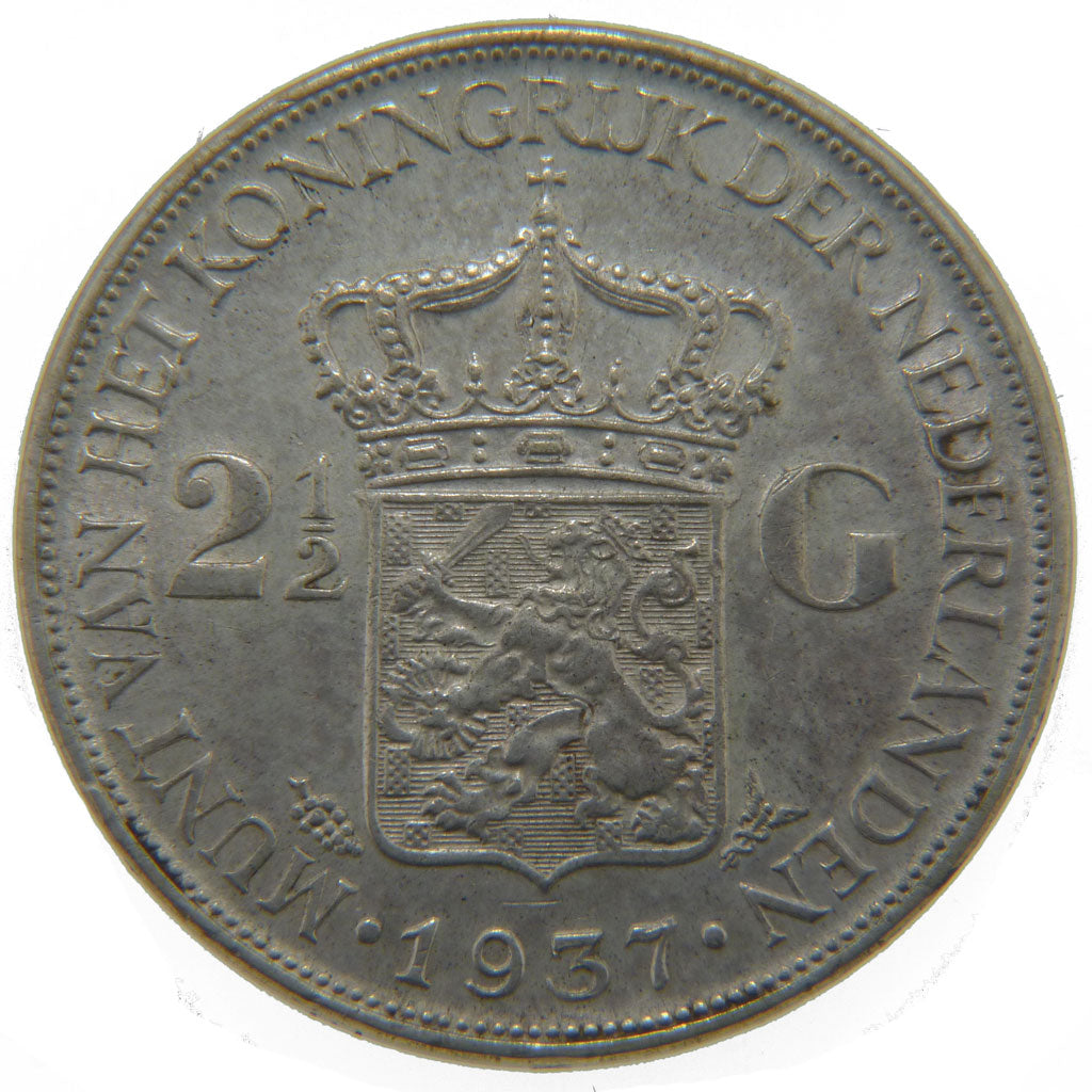 Netherlands, 2 1/2 Gulden, 1937, KM #165, AU(50-53), Silver, 38, 25.00