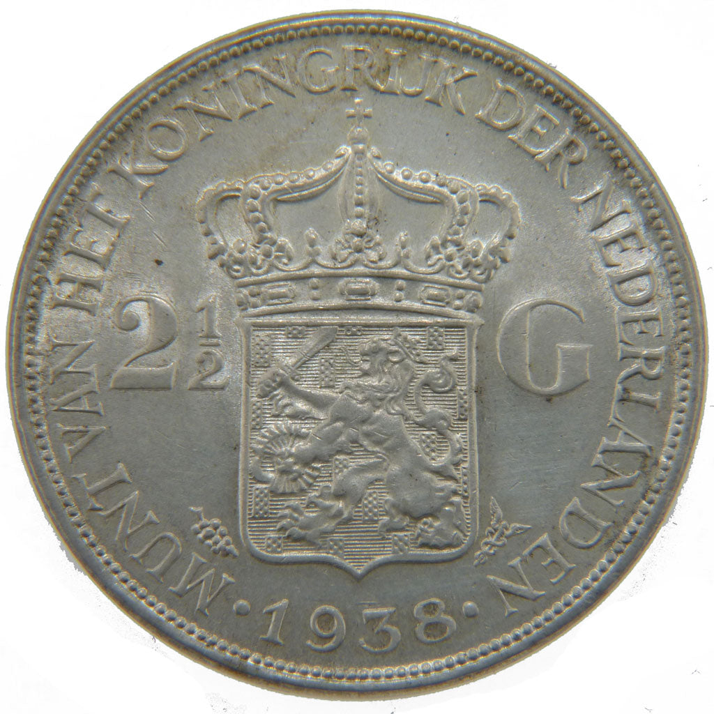 Netherlands, 2 1/2 Gulden, 1938, KM #165, AU(50-53), Silver, 38, 25.00