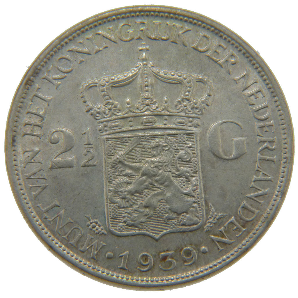 Netherlands, 2 1/2 Gulden, 1939, KM #165, AU(50-53), Silver, 38, 25.00