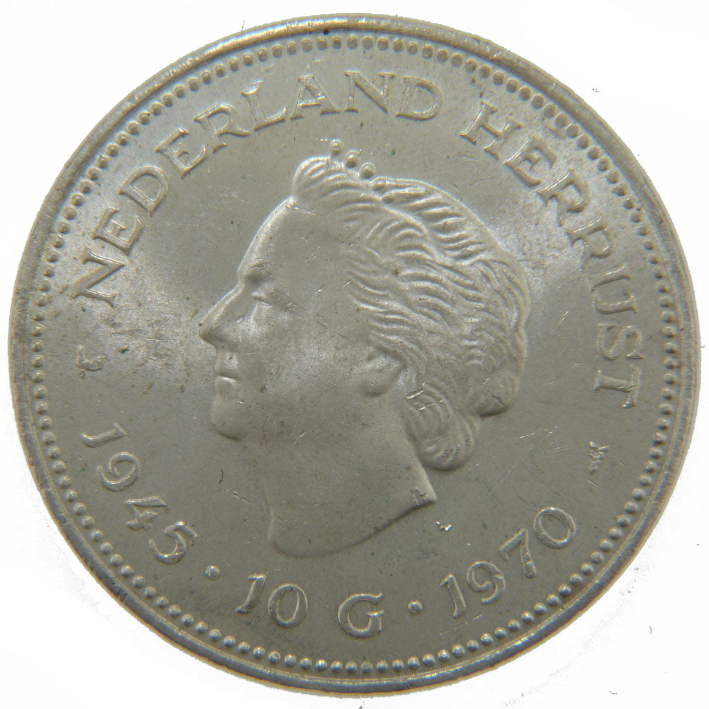 Netherlands, 10 Gulden, 1970, KM #195, AU(55-58), Silver, 38, 25.00