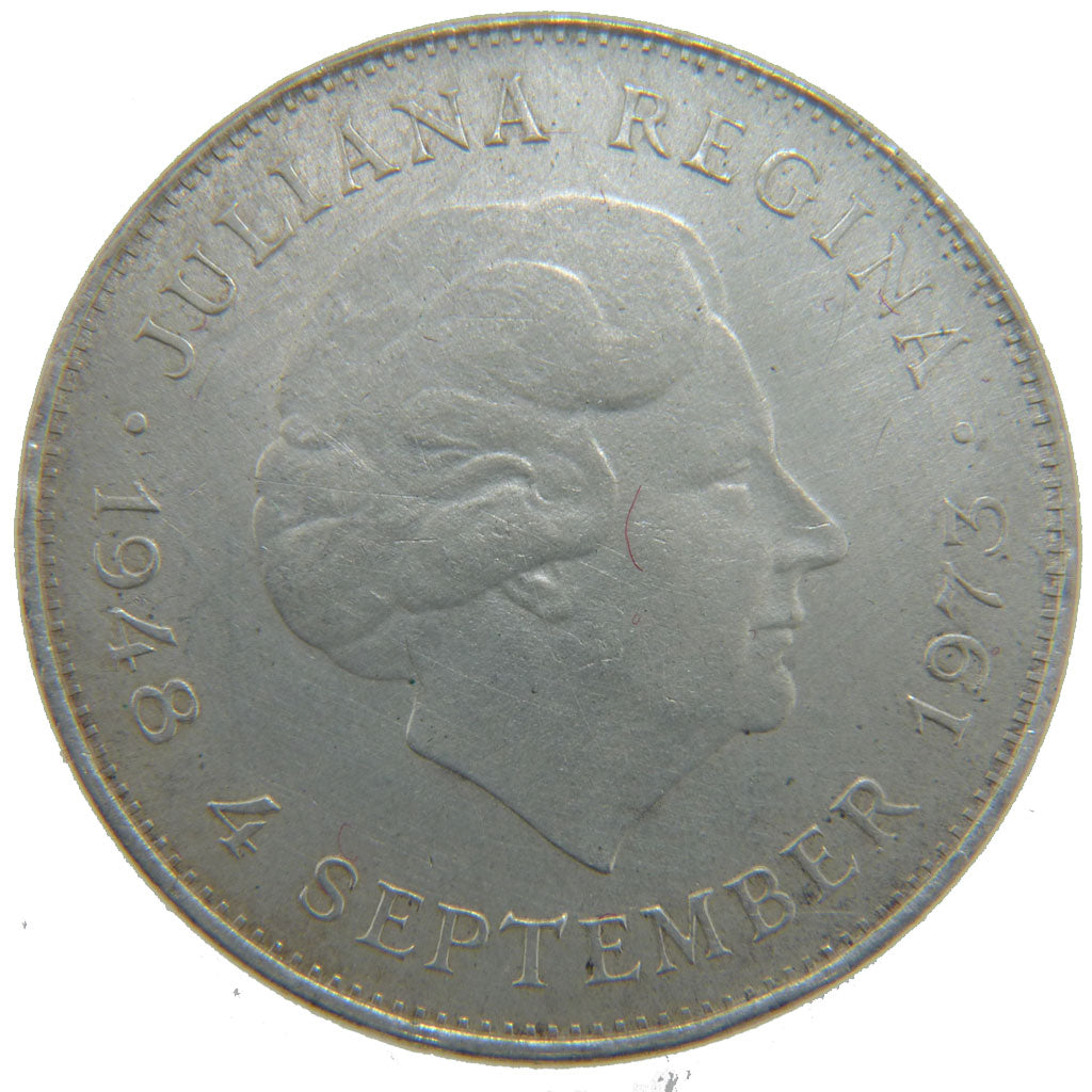 Netherlands, 10 Gulden, 1973, KM #196, AU(55-58), Silver, 38, 25.00