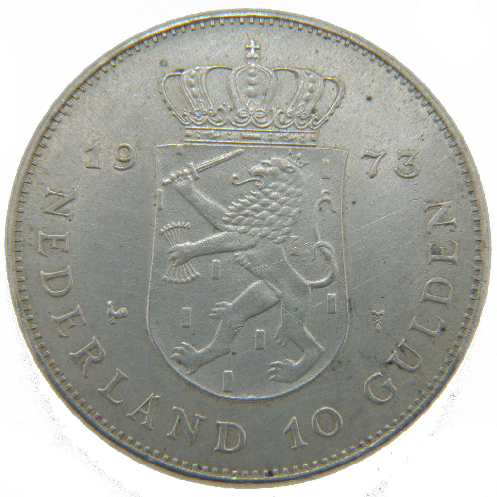 Netherlands, 10 Gulden, 1973, KM #196, AU(55-58), Silver, 38, 25.00