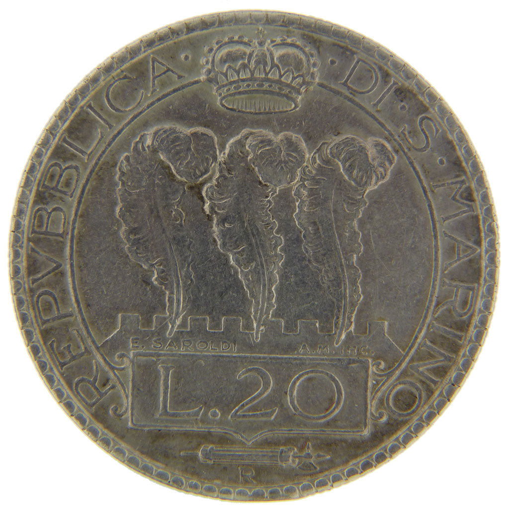 San Marino, 20 Lire, 1931, Rome, KM #11, AU(50-53), Silver, 14.80