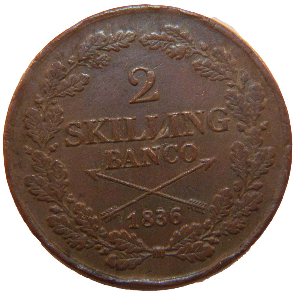 SWEDEN, 2 Skilling, 1836, KM #643, EF(40-45), Copper, 33.5, 19.00
