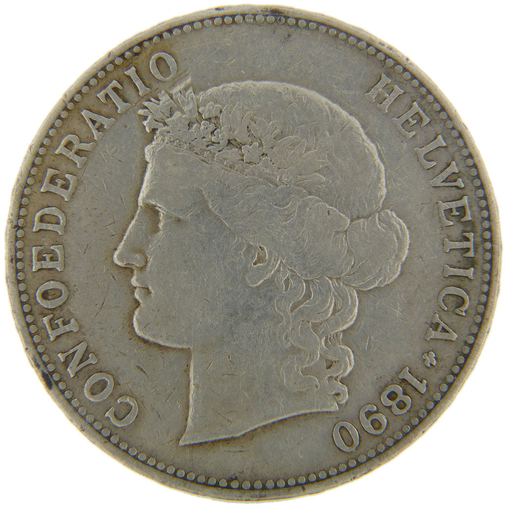 SWITZERLAND, 5 Francs, 1890, Bern, KM #34, VF(20-25), Silver, 37, 24.80