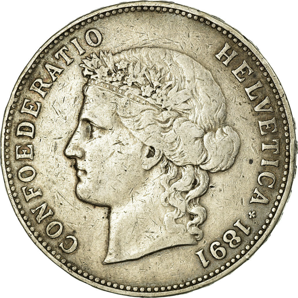 Switzerland, 5 Francs, Head of Helvetia, 1891, Bern, Silver, VF(30-35), KM:34