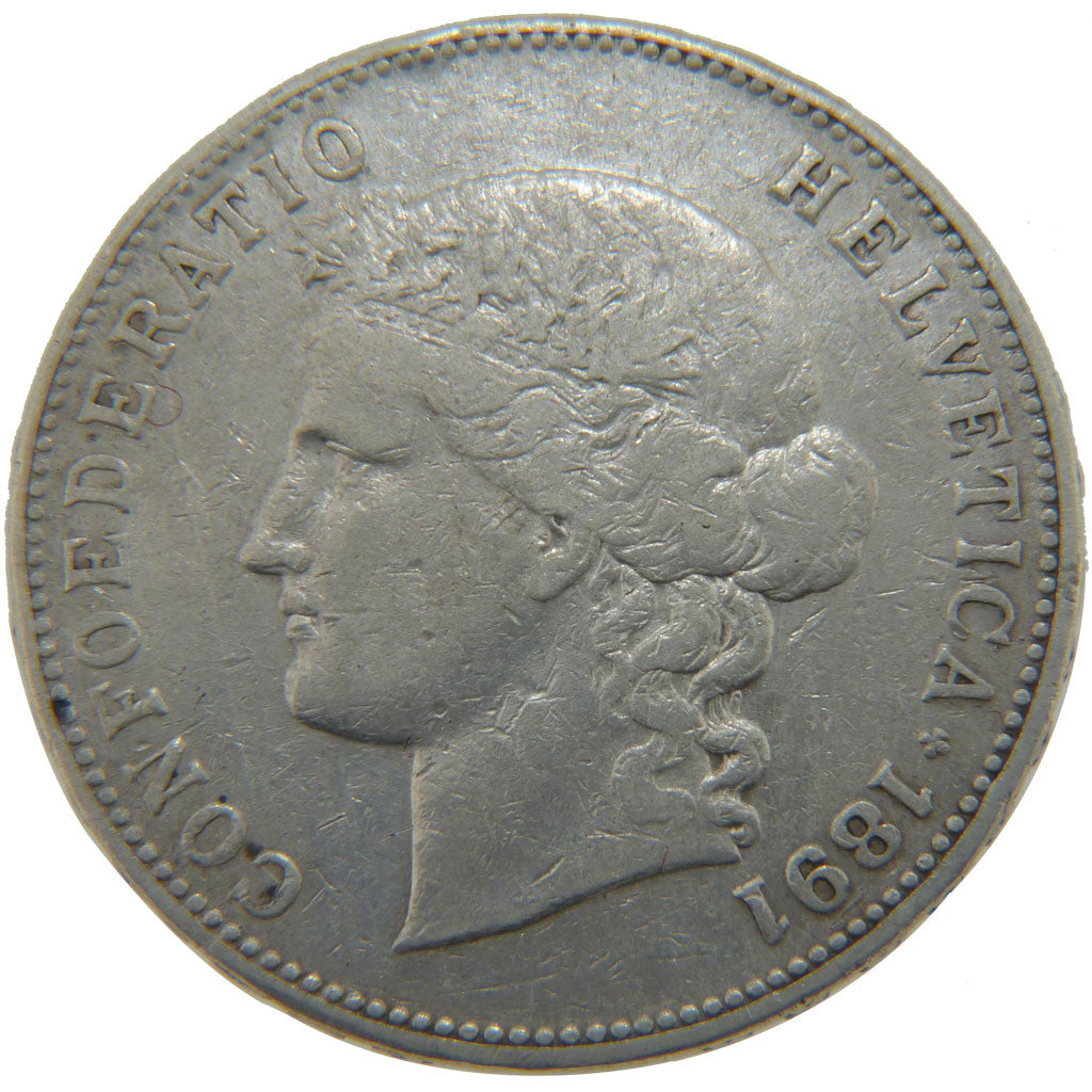 Coin, Switzerland, 5 Francs, 1891, Bern, VF(30-35), Silver, KM:34