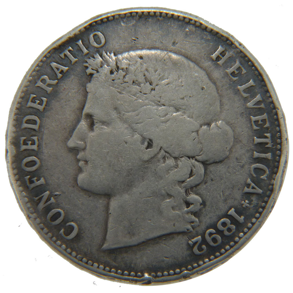 Switzerland, 5 Francs, 1892, Bern, KM #34, VG(8-10), Silver, 37, 24.80