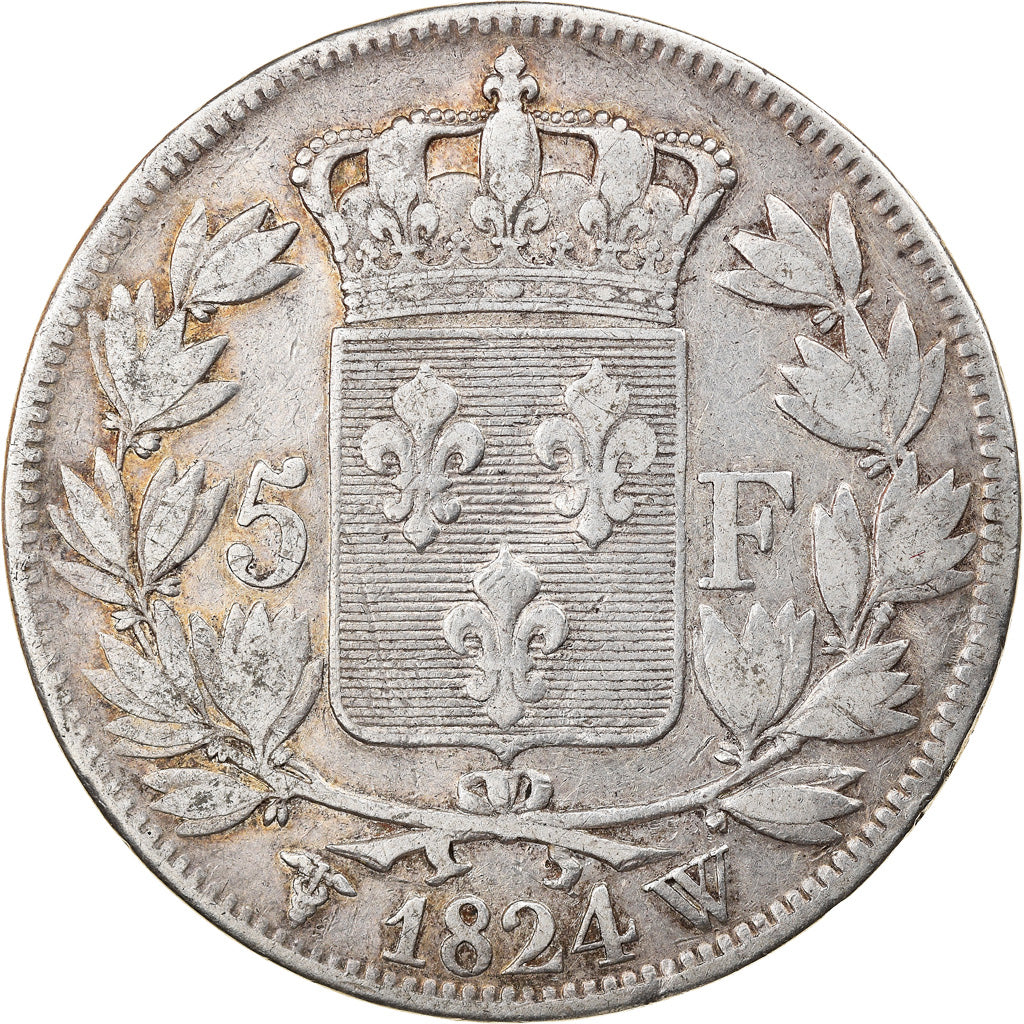 Moneda, Francia, Louis XVIII, 5 Francs, 1824, Lille, BC+, Plata, KM:711.13