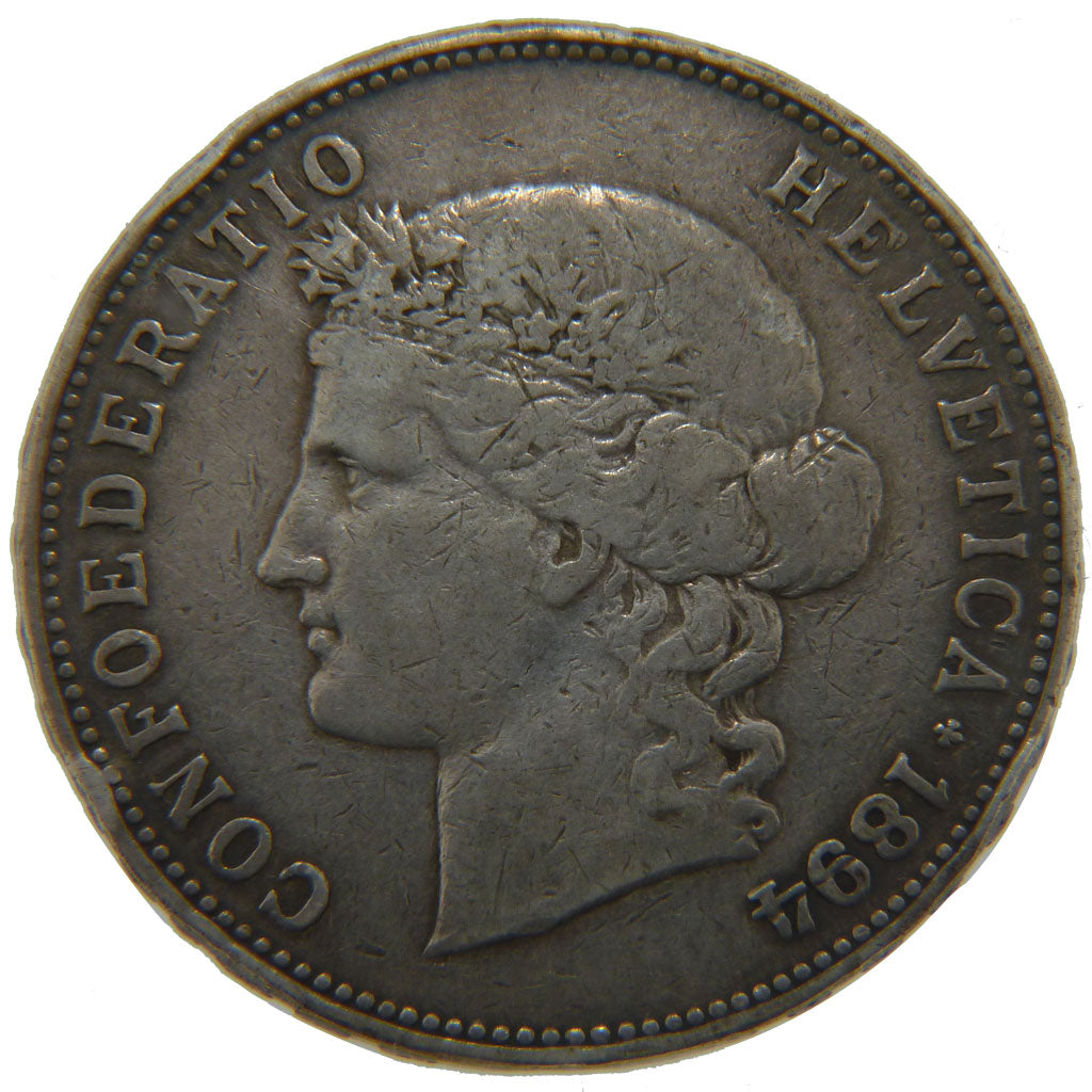 Switzerland, 5 Francs, 1894, Bern, KM #34, VF(20-25), Silver, 37, 24.80