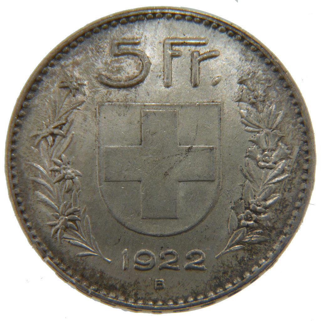 SWITZERLAND, 5 Francs, 1922, Bern, KM #37, AU(55-58), Silver, 37, 25.00