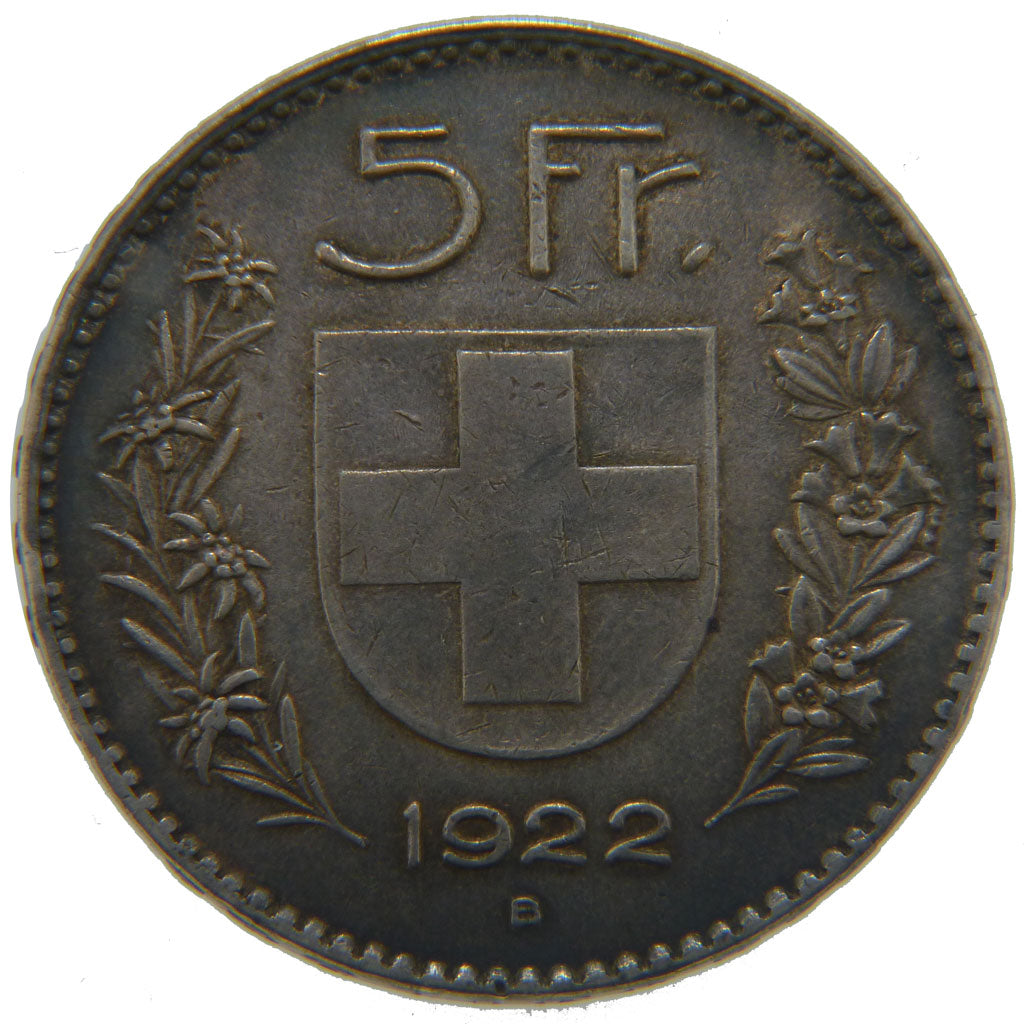 Switzerland, 5 Francs, 1922, Bern, KM #37, AU(50-53), Silver, 37, 24.80
