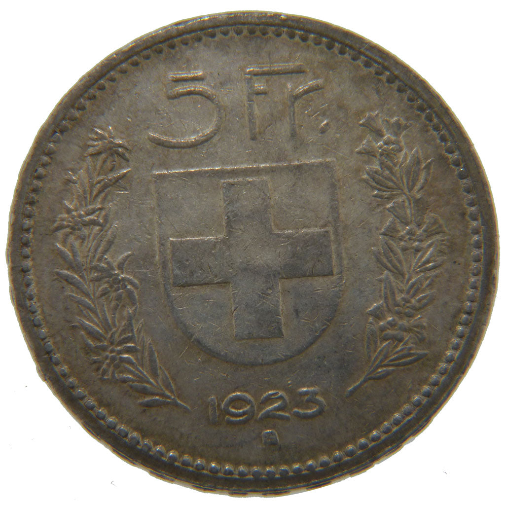 SWITZERLAND, 5 Francs, 1923, Bern, KM #37, AU(55-58), Silver, 37, 24.90
