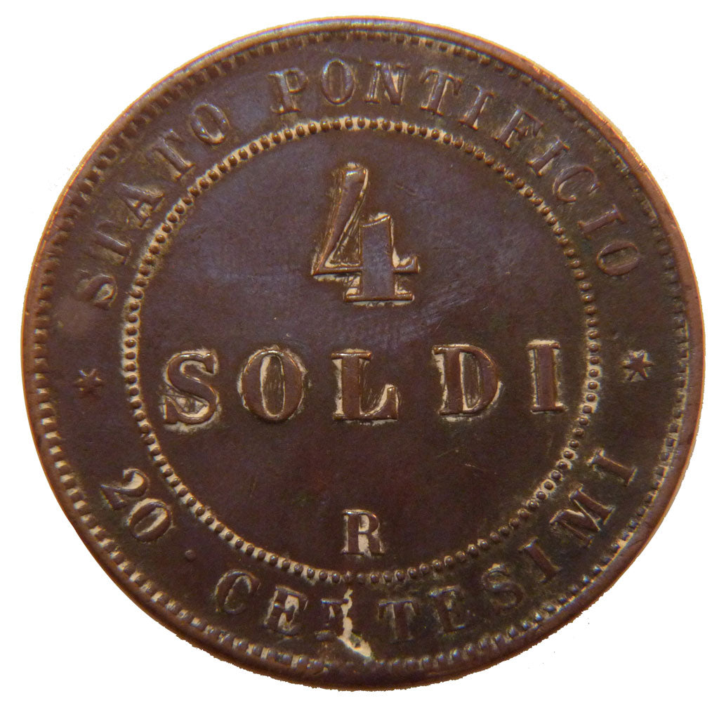 ITALIAN STATES, 4 Soldi, 20 Centesimi, 1867, Roma, KM #1374, EF(40-45), Copper,.