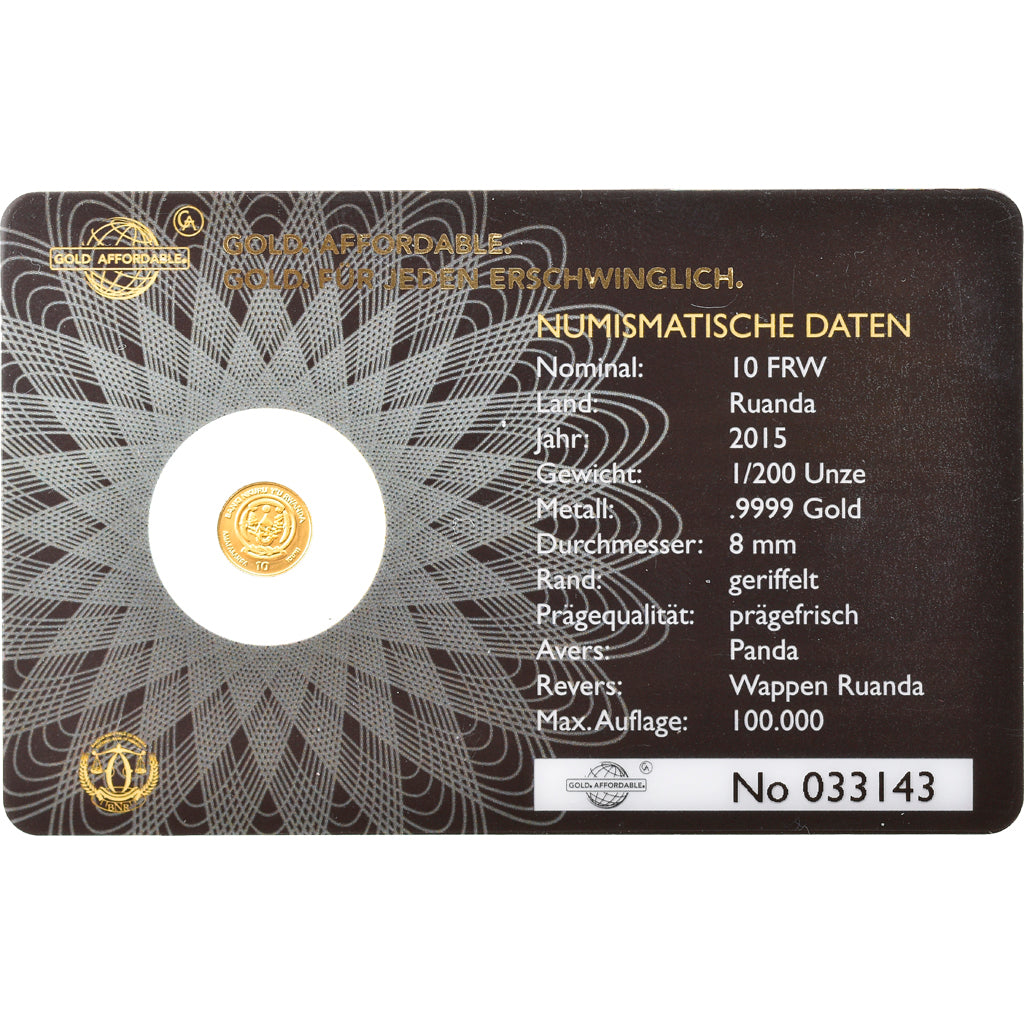 Moneta, Ruanda, Panda, 10 Francs, 2015, 1/200 Oz, FDC, Oro