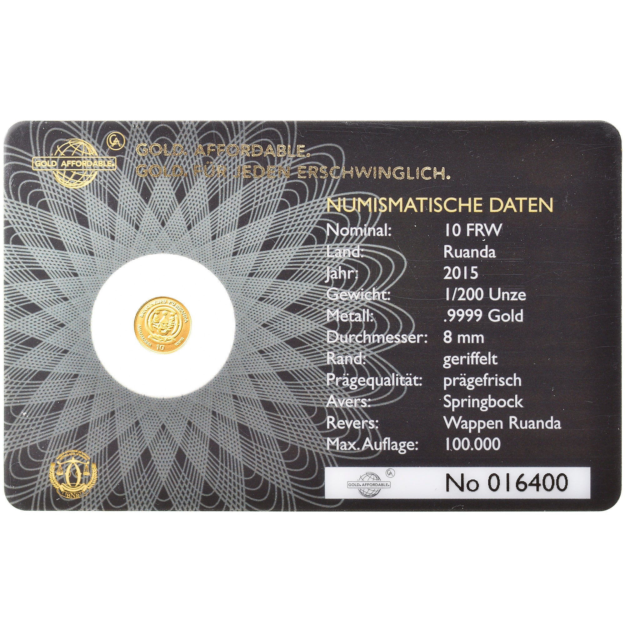 Münze, Ruanda, Springbock, 10 Francs, 2015, 1/200 Oz, STGL, Gold