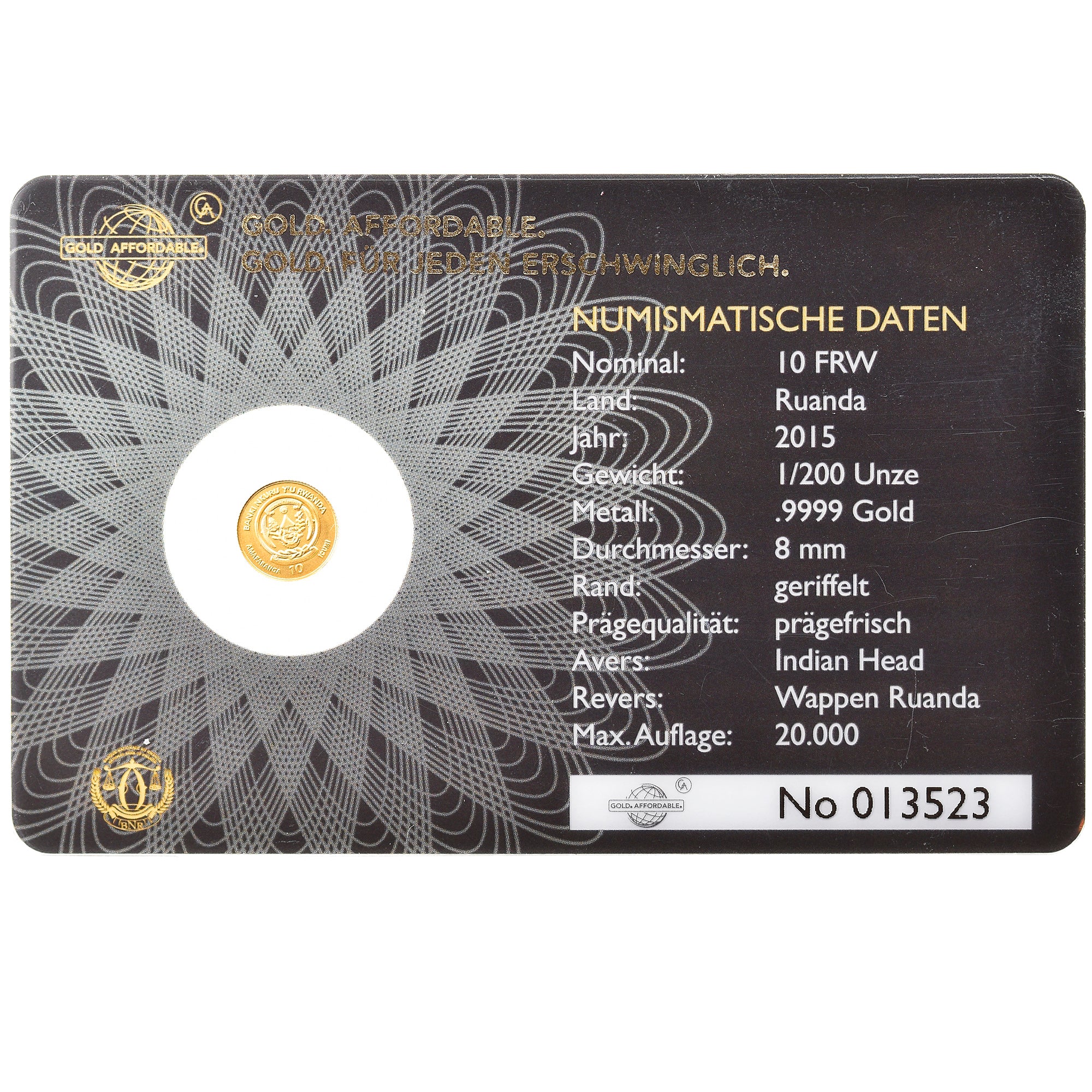 Coin, Rwanda, Indian Head, 10 Francs, 2015, 1/200 Oz, MS(65-70), Gold