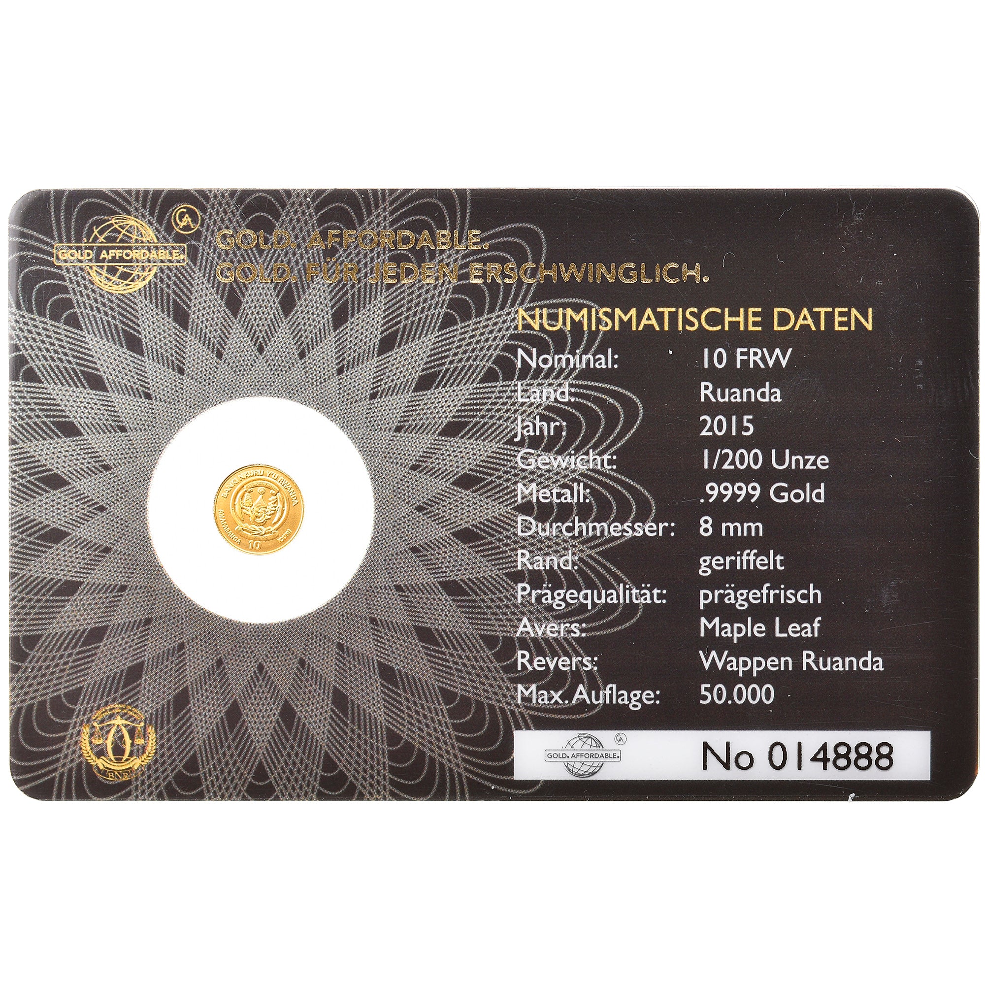 Moneta, Ruanda, Maple Leaf, 10 Francs, 2015, 1/200 Oz, FDC, Oro