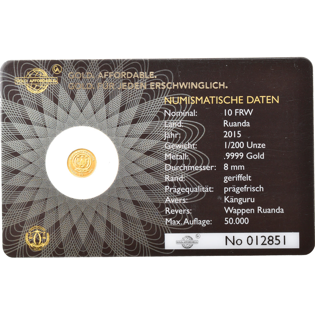 Moneda, Ruanda, Känguru, 10 Francs, 2015, 1/200 Oz, FDC, Oro