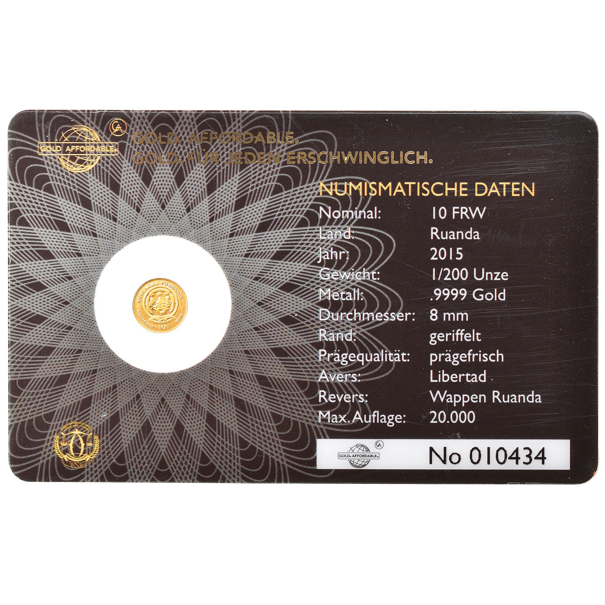 Coin, Rwanda, Libertad, 10 Francs, 2015, 1/200 Oz, MS(65-70), Gold