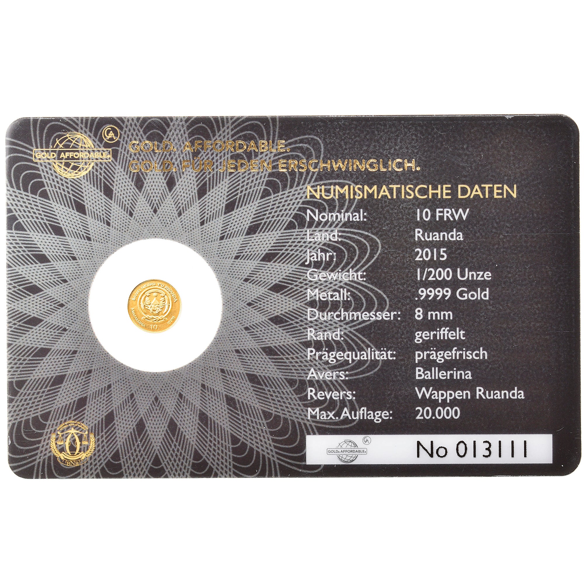 Coin, Rwanda, Ballerina, 10 Francs, 2015, 1/200 Oz, MS(65-70), Gold