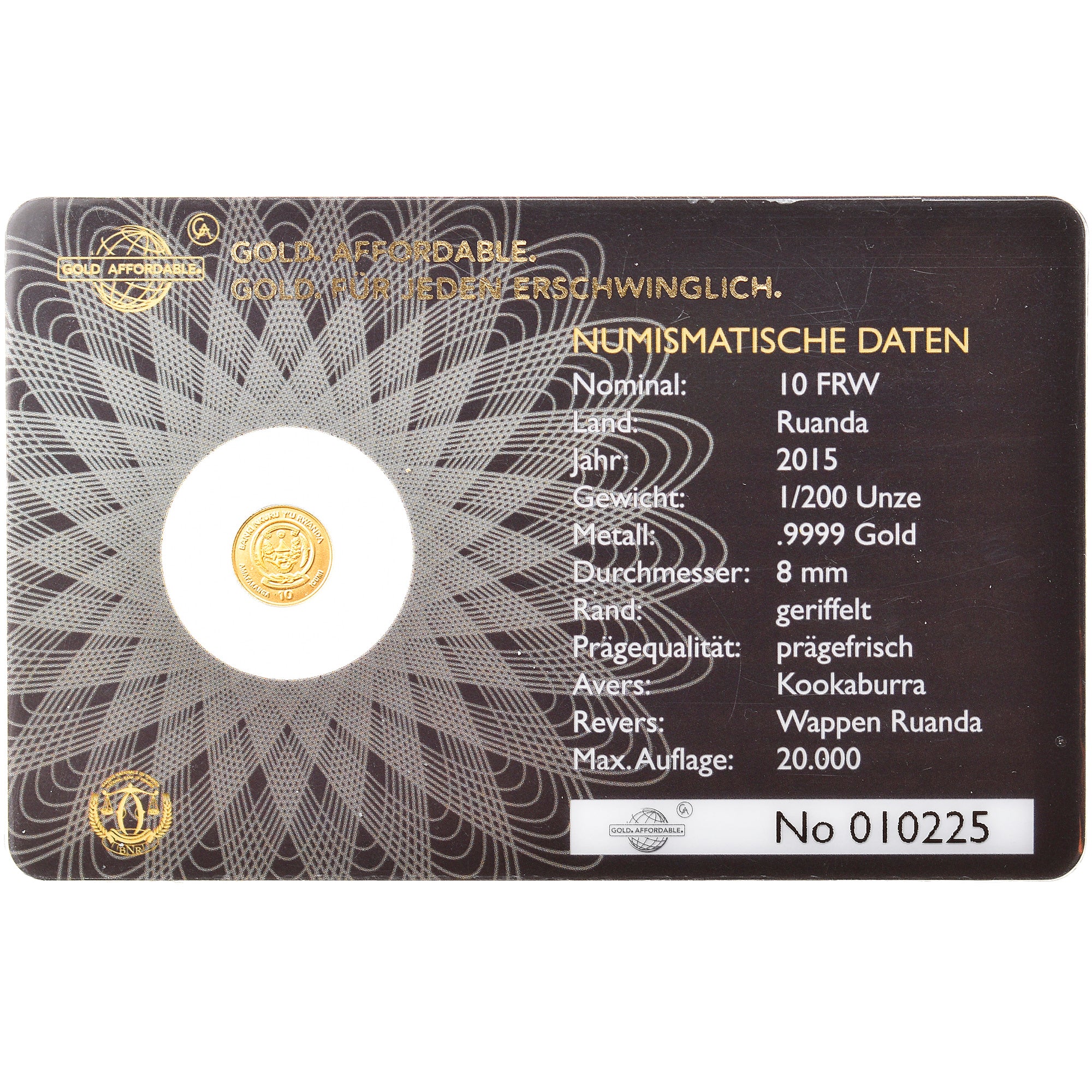 Coin, Rwanda, Kookaburra, 10 Francs, 2015, 1/200 Oz, MS(65-70), Gold