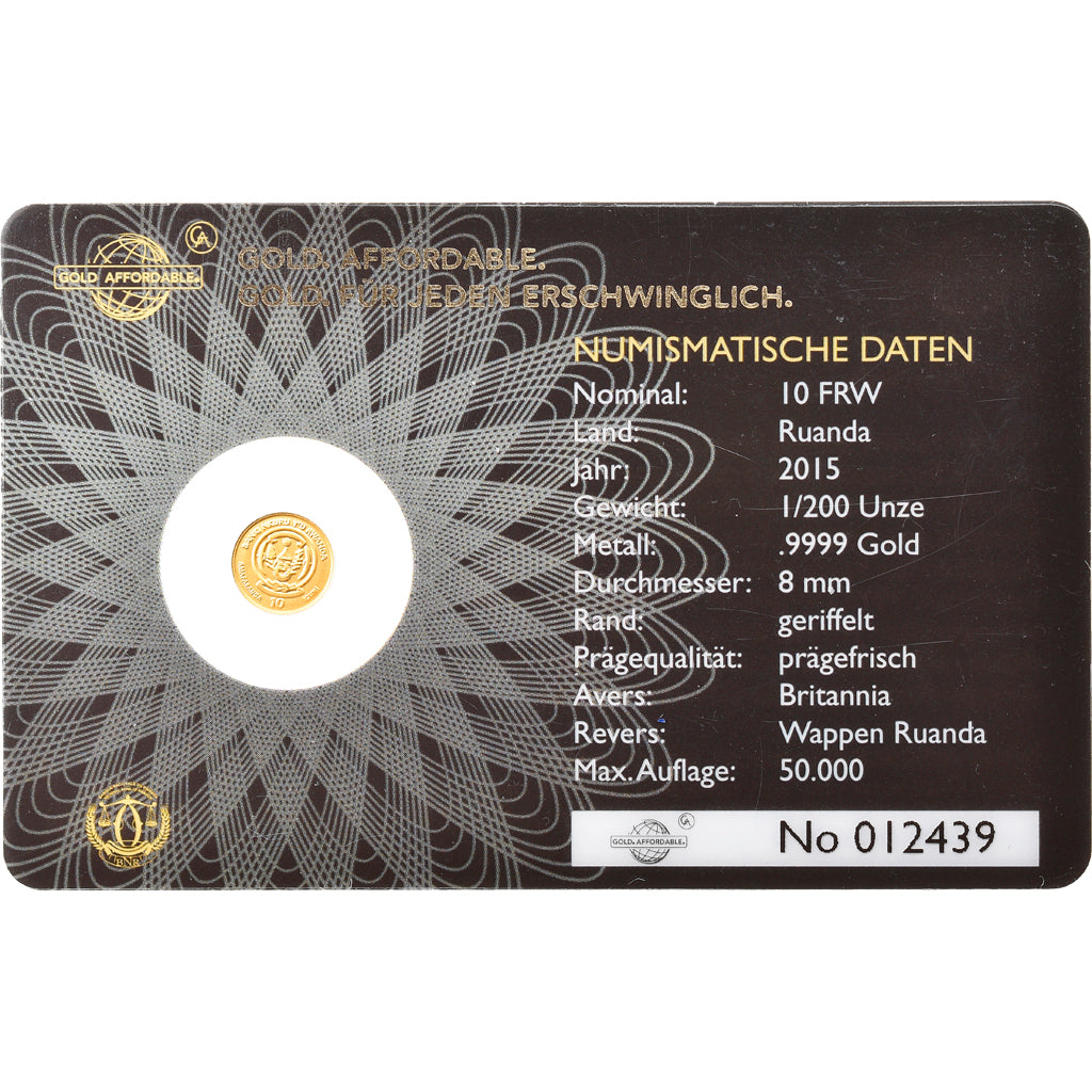 Coin, Rwanda, Britannia, 10 Francs, 2015, 1/200 Oz, MS(65-70), Gold