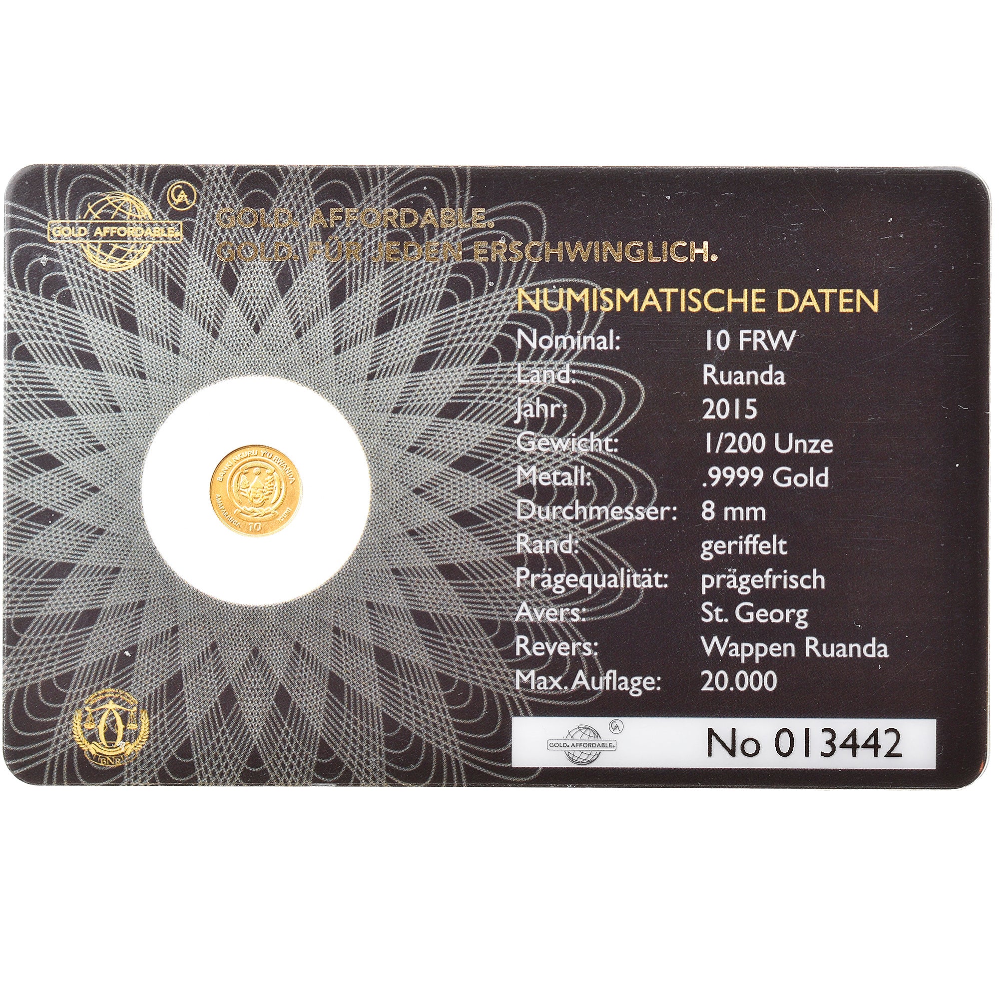 Moeda, Ruanda, Sovereign, 10 Francs, 2015, 1/200 Oz, MS(65-70), Dourado