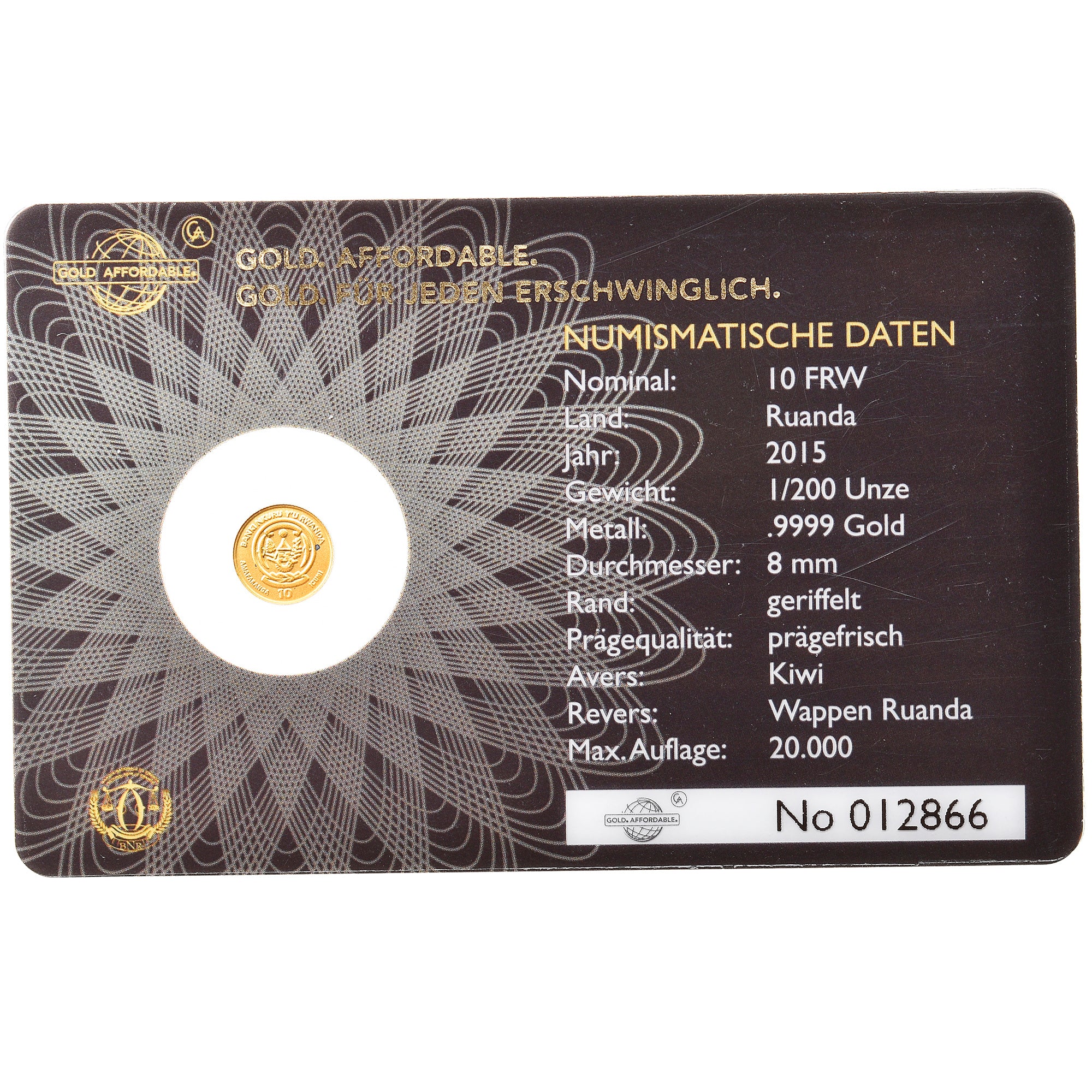 Coin, Rwanda, Kiwi, 10 Francs, 2015, 1/200 Oz, MS(65-70), Gold