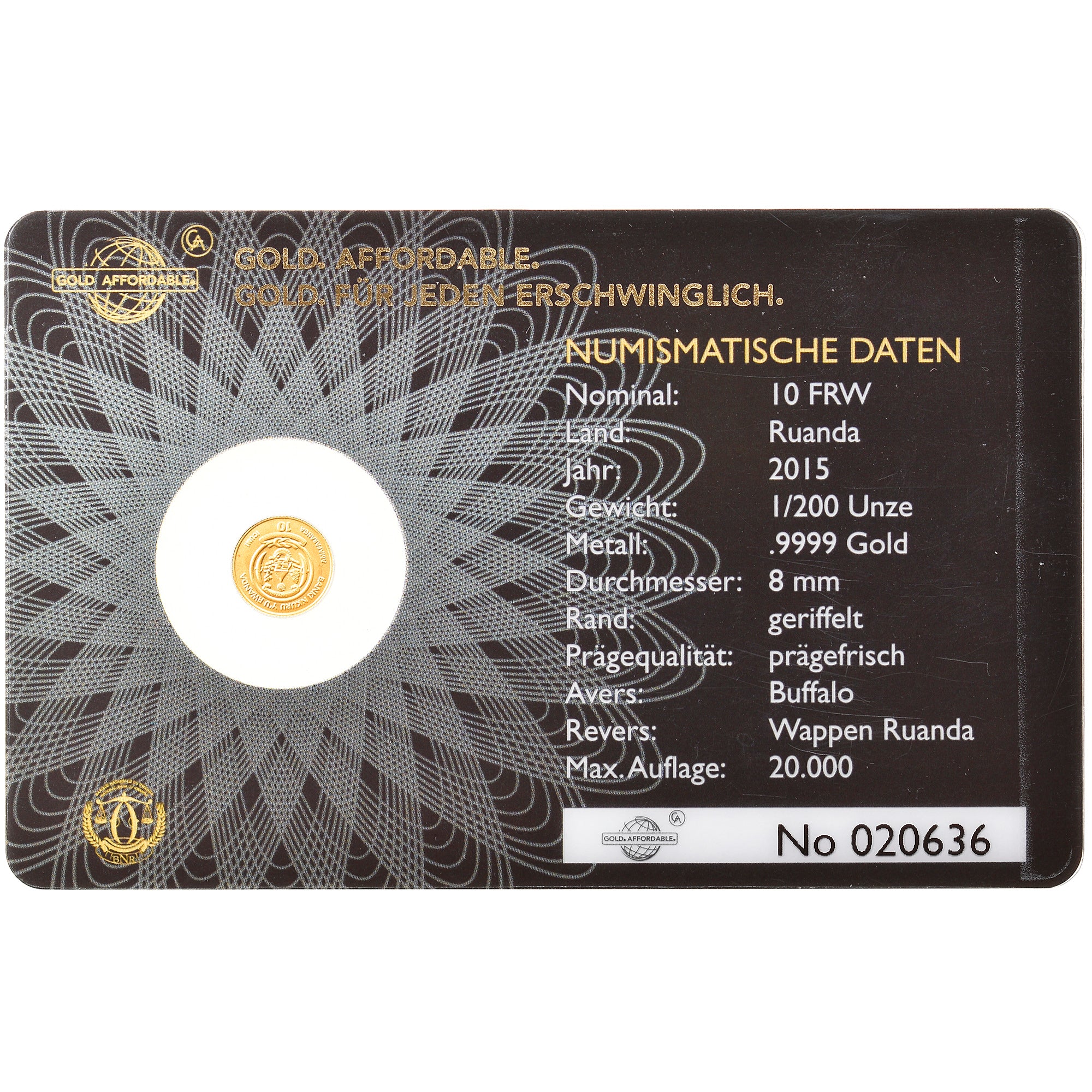 Monnaie, Rwanda, Buffalo, 10 Francs, 2015, 1/200 Once, FDC, Or