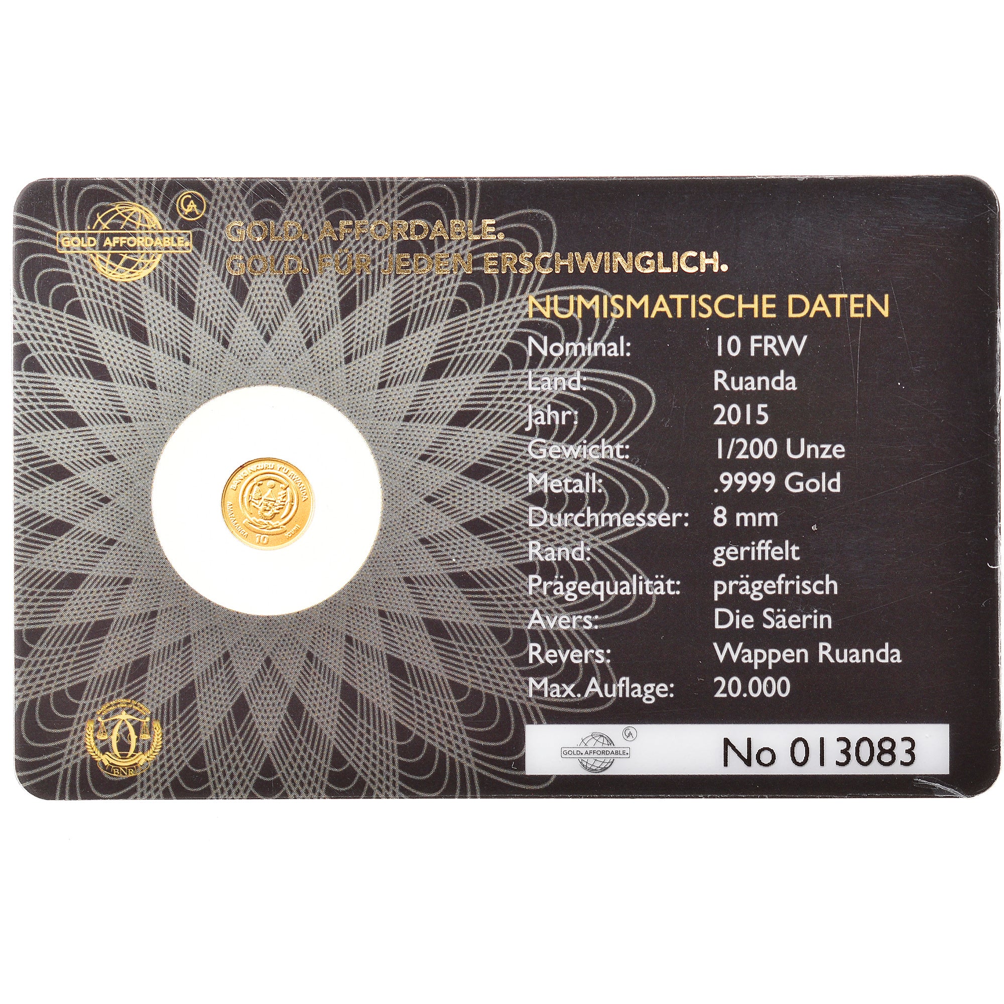 Coin, Rwanda, Die Säerin, 10 Francs, 2015, 1/200 Oz, MS(65-70), Gold