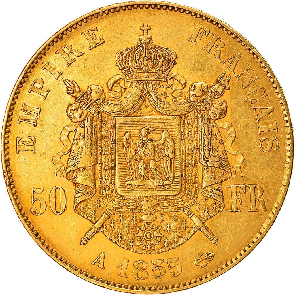 Moneda, Francia, Napoleon III, 50 Francs, 1855, Paris, MBC+, Oro