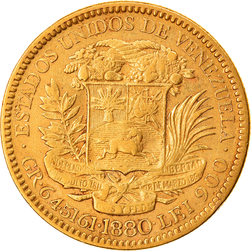 Moeda, Venezuela, Gr 6.4516, 20 Bolivares, 1880, EF(40-45), Dourado, KM:32