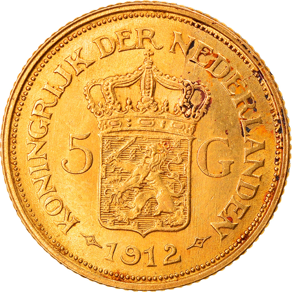 Coin, Netherlands, Wilhelmina I, 5 Gulden, 1912, EF(40-45), Gold, KM:151