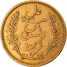 Moneda, Túnez, Ali Bey, 10 Francs, 1891, Paris, MBC, Oro, KM:226