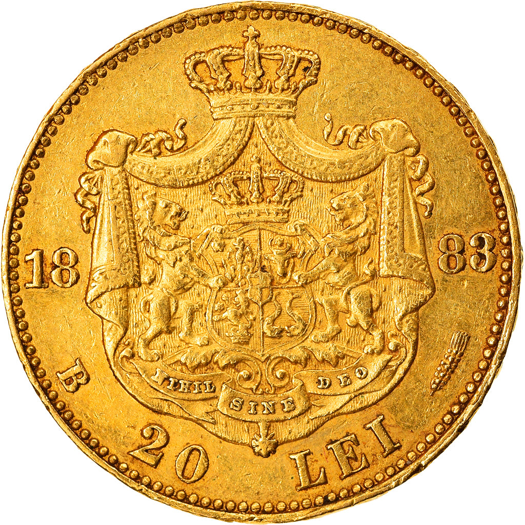 Romania, Carol I, 20 Lei, 1883, AU(55-58), Gold, KM:20
